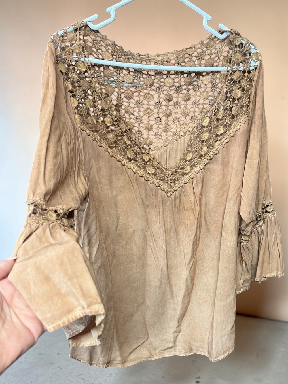 Cracker Barrel Beige Crochet Yoke Boho Blouse